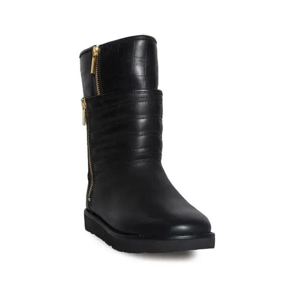 UGG Aviva 1018218 Women's Black Leather Side Zipper Mid-Calf Boots Shoes UGG372 - Picture 1 of 5